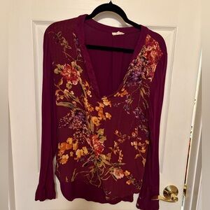 ODDY Floral V-Neck Blouse - Burgundy and Orange